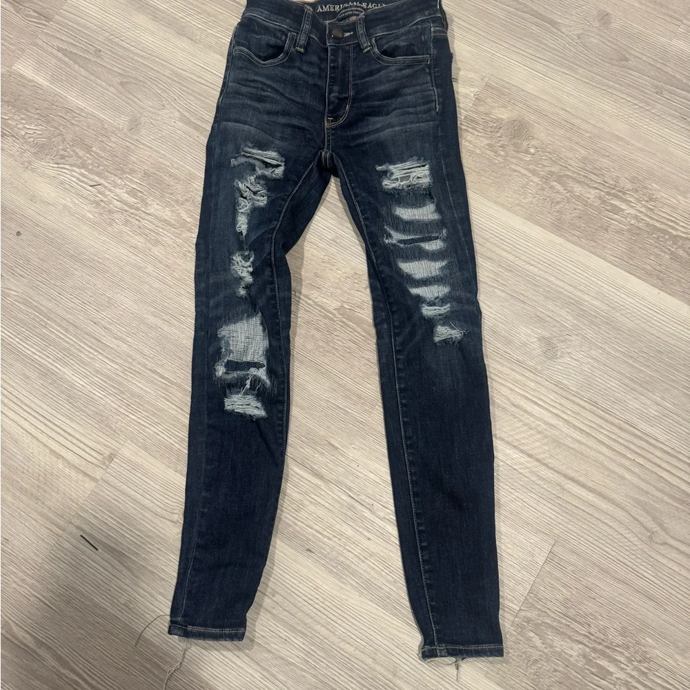 American Eagle Outfitters Blue Skinny Jeans with Distressed Design - Picture 1 of 4